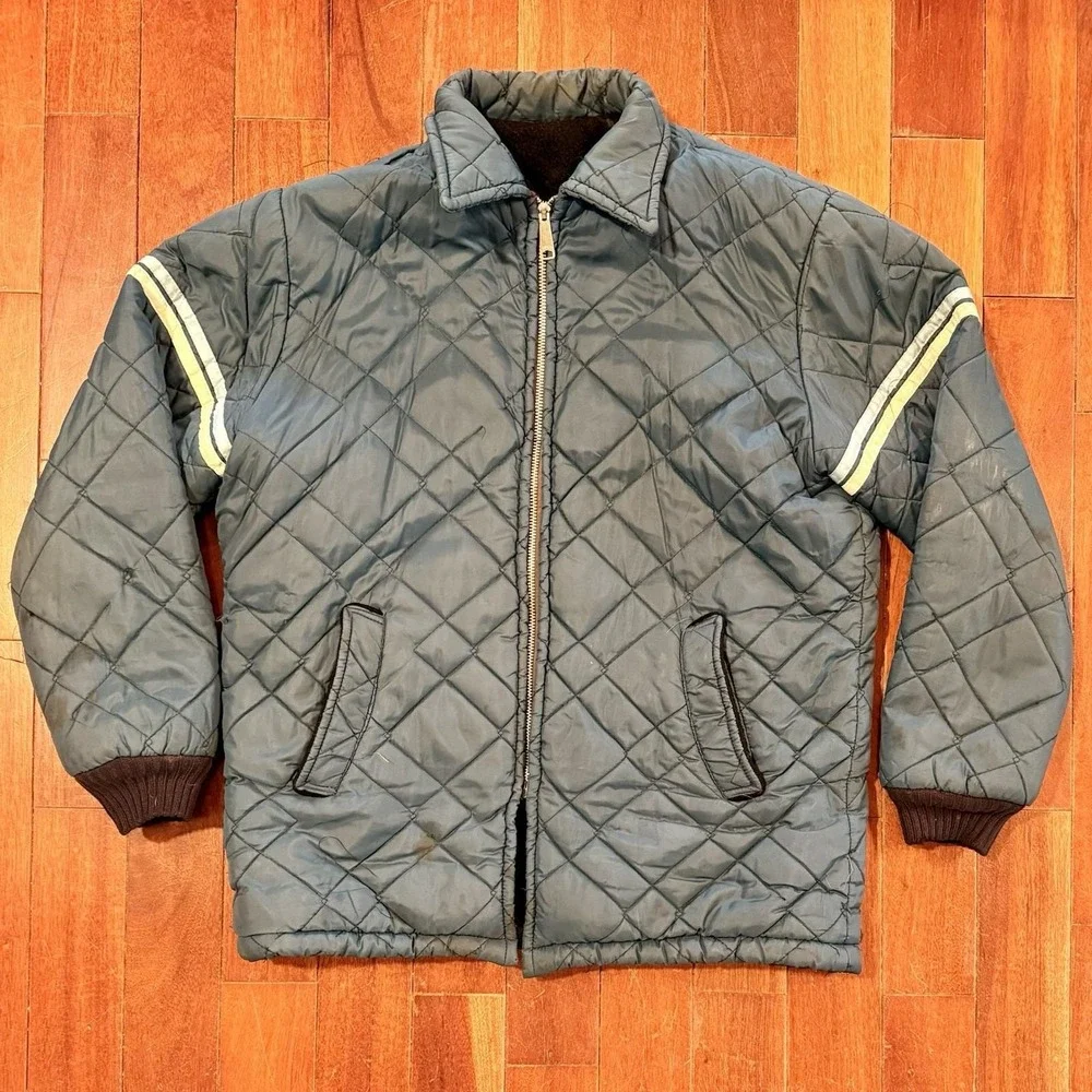 VTG 1960s 60s Blue Work Jacket Barn Coat Men Sz L Quilted Fleece Lining Stripes